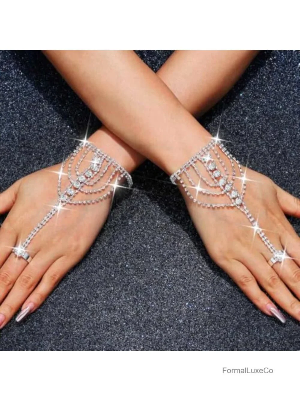 Fingerless Rhinestone Wedding Gloves Sparkly Crystal Bridal Hand Chain